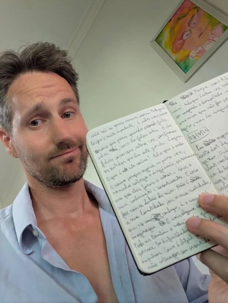 Bonjournal founder Tom with his handwritten Portuguese language journal