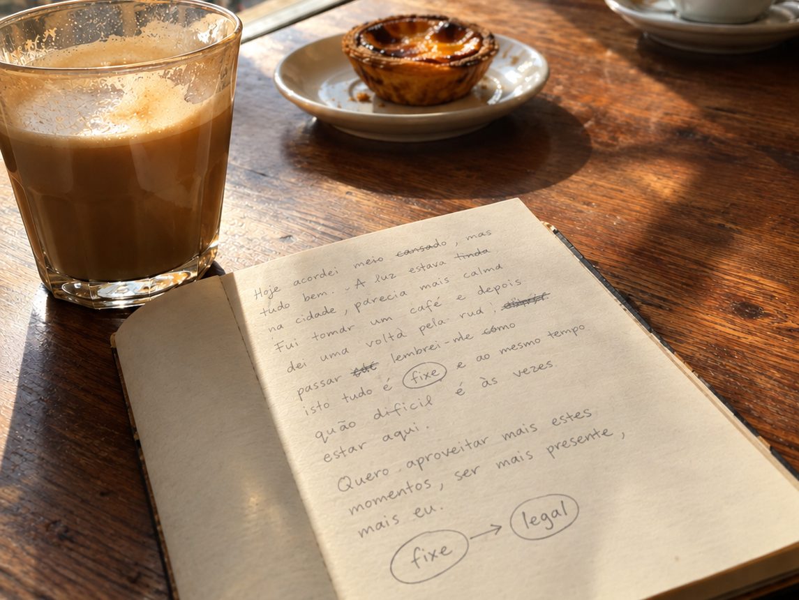An open notebook with a handwritten Portuguese journal entry, the words fixe and legal circled with an arrow between them, beside a glass of milky coffee and a pastel de nata